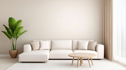 A modern, minimalist living room featuring a white sectional sofa, a round wooden coffee table, and a decorative plant near a large window with sheer curtains.