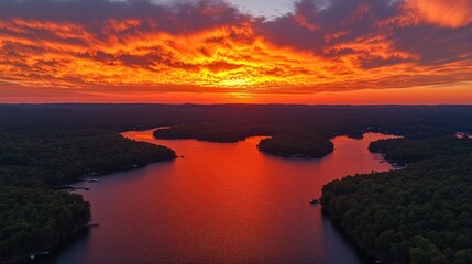 Fototapeta premium An aerial view of a lake surrounded by trees with a fiery sunset reflecting on the water.
