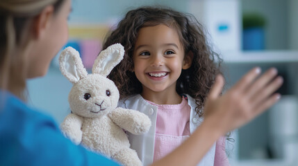 Young Girl at Dentist Smiling with Stuffed Toy Rabbit