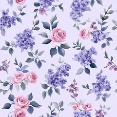 Fototapeta premium A delicate floral pattern featuring pink roses and purple blossoms on a light lavender background, perfect for elegant design applications.