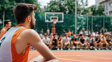 A young man observes a basketball game on an outdoor court, surrounded by a lively crowd of spectators enjoying the event.
