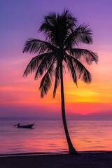 JL Schlender's Artwork - A Mesmerizing Beach Sunset with Solitary Palm Tree and Distant Boat
