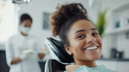 Cheerful Young Woman in Dental Chair at Modern Clinic