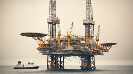 Offshore jack up drilling rig extracting natural gas and oil with supply vessel passing by