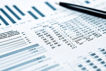 A close-up of financial data, charts, and a pen, indicating analysis or reporting.