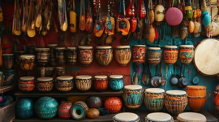 Obraz premium A colorful assortment of percussive instruments displayed artistically. 