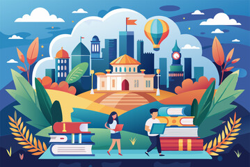 Colorful educational journey: students exploring knowledge in a vibrant skyline