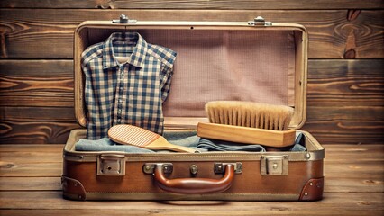 Retro suitcase packed with toothbrush, combs, and clothes