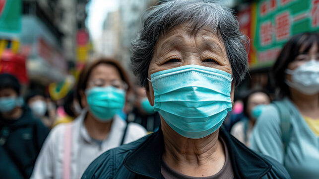 Urban crowd wearing face masks in busy city street scene