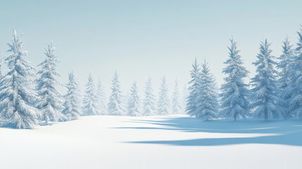 Fototapeta premium Snow covered pine trees stand under clear blue sky, creating serene winter landscape. untouched snow blankets ground, casting soft shadows in tranquil scene