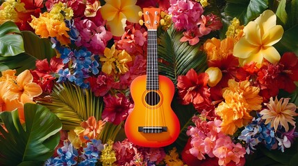 A colorful ukulele surrounded by tropical flowers. 