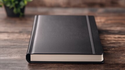 Fototapeta premium A sleek black journal lies on a wooden table, with a plant softly blurred in the background, suggesting an inviting workspace for creativity and reflection.