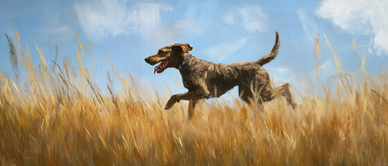German Wirehaired Pointer Dog Running Through Tall Grass in Action