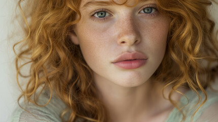 Naklejka premium Red-haired woman with freckles and green eyes portrait close-up