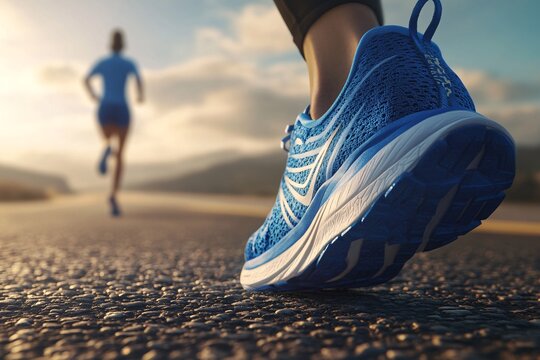 Athlete running outdoors in blue sneakers on sunlit road during early morning exercise routine