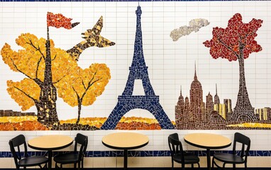 Artistic mural in a hostel s common area, depicting famous landmarks, nature scenes, and inspiring travel quotes