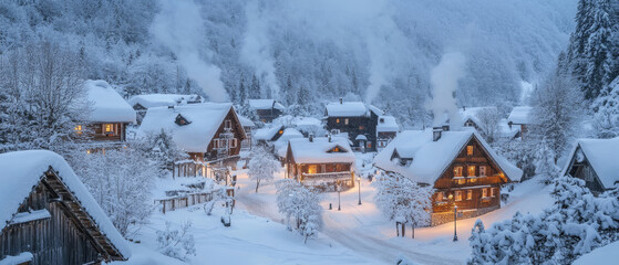 picturesque village blanketed in snow, with smoke curling from chimneys, creates cozy winter scene. warm glow from windows adds charm to serene landscape