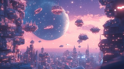 Obraz premium A sci-fi illustration created by AI, showcasing a space city floating in orbit around a massive gas giant, with futuristic spacecraft zooming through the sky and stars twinkling in the distance