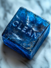 Blue soap bar with 'CLEAN' embossed, glossy texture.