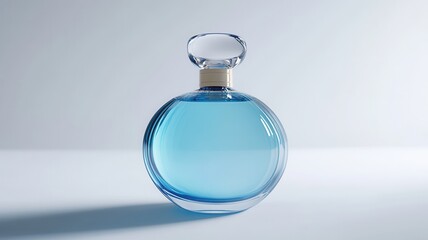 A clear, round perfume bottle filled with light blue liquid set against a soft, minimal background.