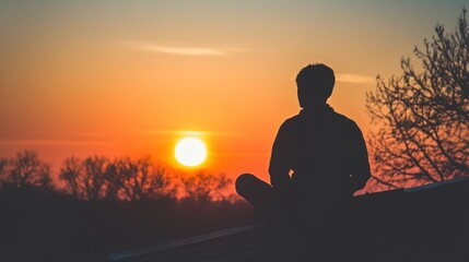 Fototapeta premium A silhouette of a person sitting on a roof, watching a vibrant sunset.