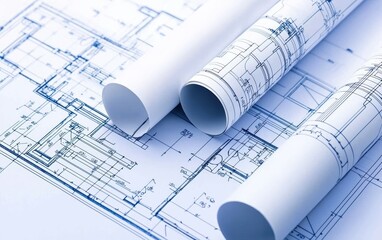 Close-up of rolled engineering blueprints displaying complex pipe systems, emphasizing mechanical planning and structural design concepts