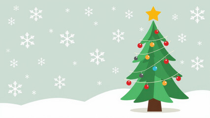 Fototapeta premium Festive Christmas tree with colorful decorations against a snowy background. Perfect for holiday greetings.