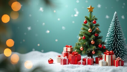 Obraz premium Holiday-themed product display featuring a Christmas tree, gifts, and festive decorations in a 3D winter setting.