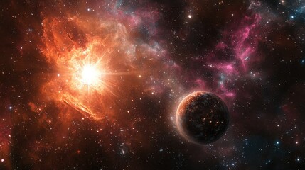 Naklejka premium A seamless equirectangular HDRI space panorama featuring glowing nebulae and distant stars, designed for immersive 360-degree environments in space simulations and VR