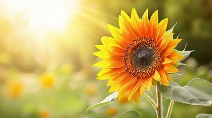 Fototapeta premium A vibrant sunflower emerges in golden sunlight, showcasing its bright yellow petals against a lush green background.