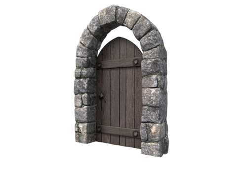 a wooden door with stone arch