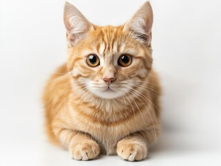 Obraz premium A close-up of a cute orange tabby cat with big eyes, showcasing its playful and curious personality against a simple white background.