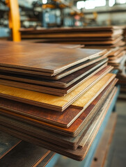 Obraz premium Stack of plywood sheets in a warehouse.