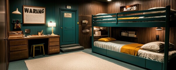 Cozy hostel room with bunk beds, colorful decor, and a small desk, creating a warm, welcoming atmosphere for budget travelers