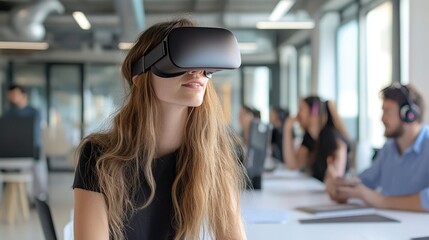 A woman wearing a VR headset in a modern office space, engaged in virtual reality, with colleagues working in the background.