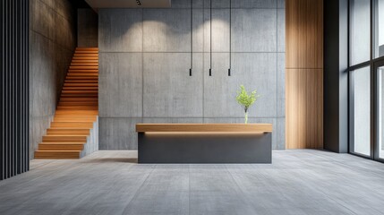 A modern interior featuring a sleek reception desk, wooden staircase, and minimalist decor in a space with natural light and a touch of greenery.