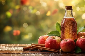 Naklejka premium autumn beverage display, rural apple cider bottle with dew, fresh apples, and cinnamon sticks backdrop, with room for text