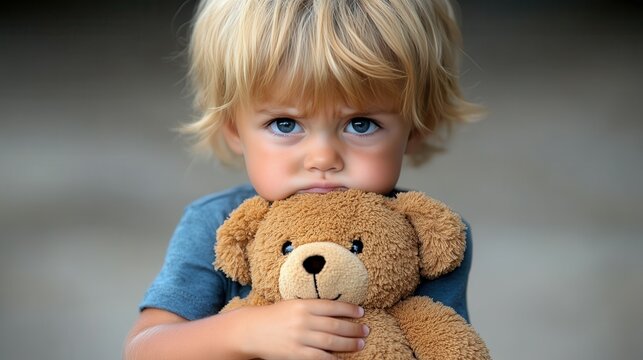 A small child with blonde hair holds a teddy bear tightly, looking contemplative. The warm afternoon light highlights the child's serious expression, evoking innocence and affection - Powered by Adobe