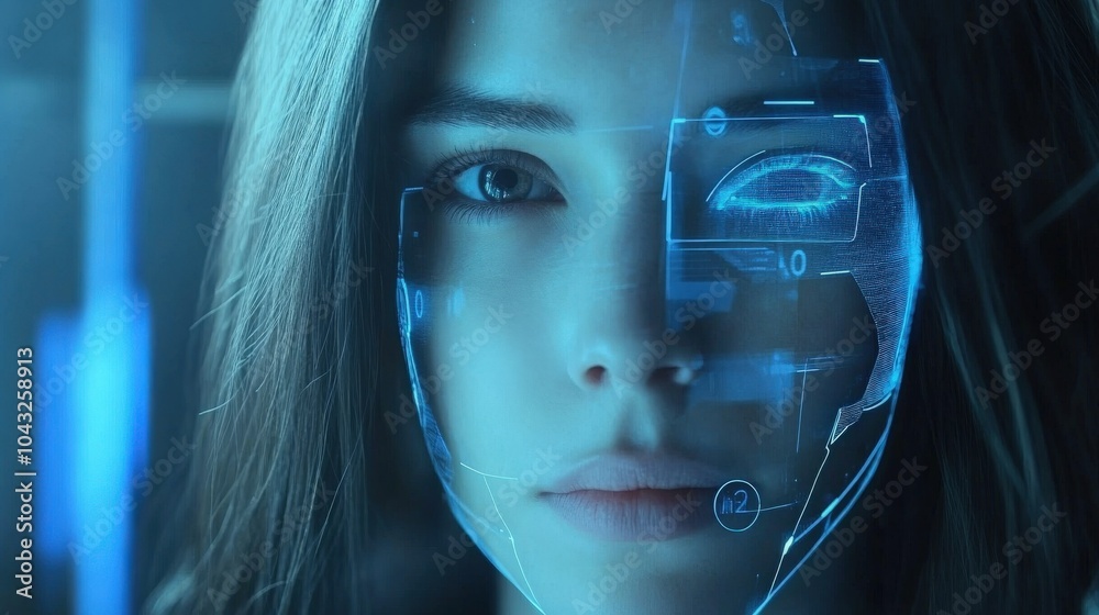 Poster ai-powered facial recognition system concept, with sleek interfaces capturing and analyzing facial d