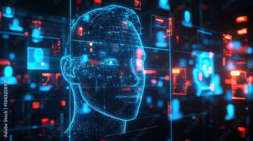 Poster ai-powered facial recognition system concept, with sleek interfaces capturing and analyzing facial d