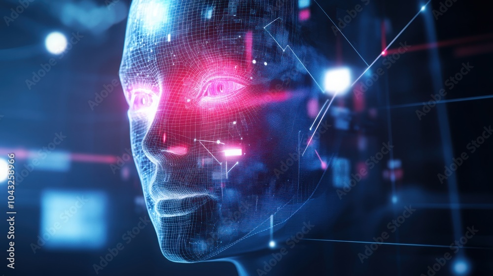 Poster ai-powered facial recognition system concept, with sleek interfaces capturing and analyzing facial d