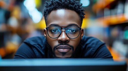 A young man with glasses sits intently at a laptop in a bustling warehouse, surrounded by shelves stocked with various items, during the evening hours
