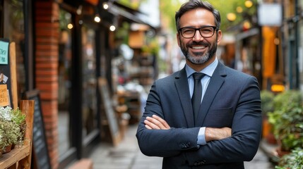 Obraz premium A well-dressed man with glasses stands smiling with crossed arms in a bustling outdoor market. The charming atmosphere is enhanced by colorful shops and greenery surrounding him