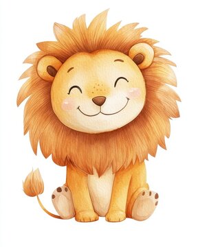 Cute watercolor lion cartoon with a happy face, ideal for nursery decoration and children's room art.