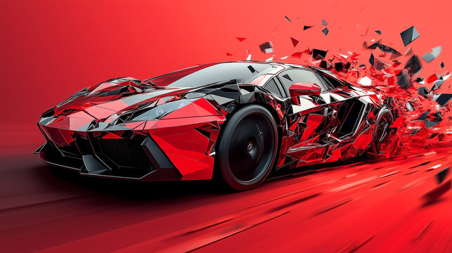 Fast Red Luxury Car Breaking Apart Into Polygons With Futuristic Dynamic Design And Geometric Shapes