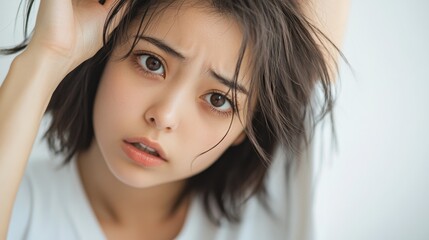 Naklejka premium 好奇心旺盛な視線を向ける、カジュアルな服装の表情豊かな若い女性