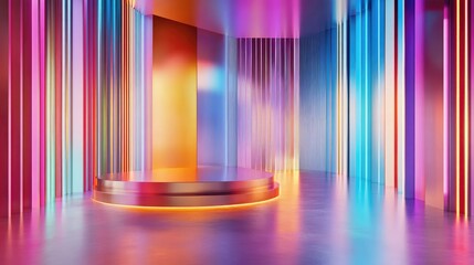 A vibrant, futuristic setting featuring colorful vertical stripes and glowing circular platform, ideal for events or visual presentations.