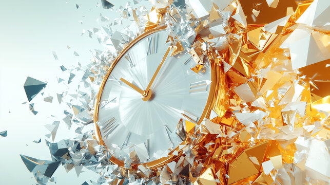Modern Timepiece Exploding into Motion 3D Abstract Shattered Glass Effect