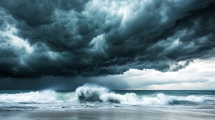 Obraz premium A dramatic seascape during a storm, with dark clouds and crashing waves, capturing the raw power of nature
