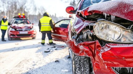 Icy road collision involving multiple cars, responders in high-visibility jackets assisting, portraying the urgency and severity of winter accidents